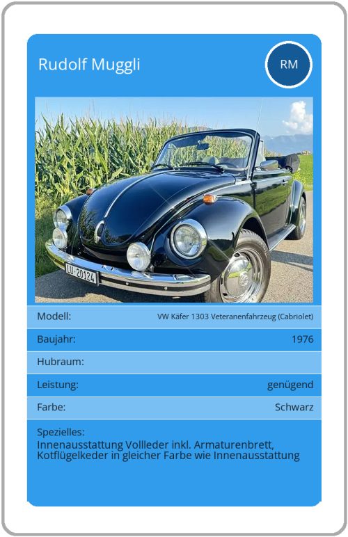 Quartett-Karte VW Käfer 1303 Veteranenfahrzeug (Cabriolet)
